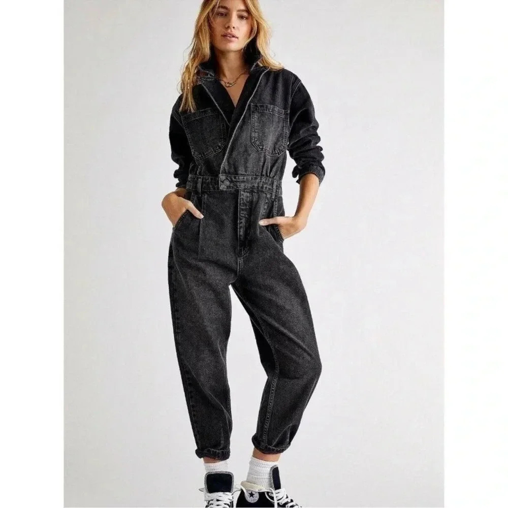 New Free People Maris Denim Long Sleeve Slouchy Jumpsuit Black Size XS